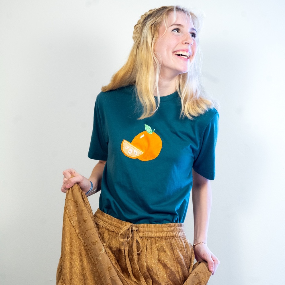 Blue Shirt With Orange Patchwork! - image 3